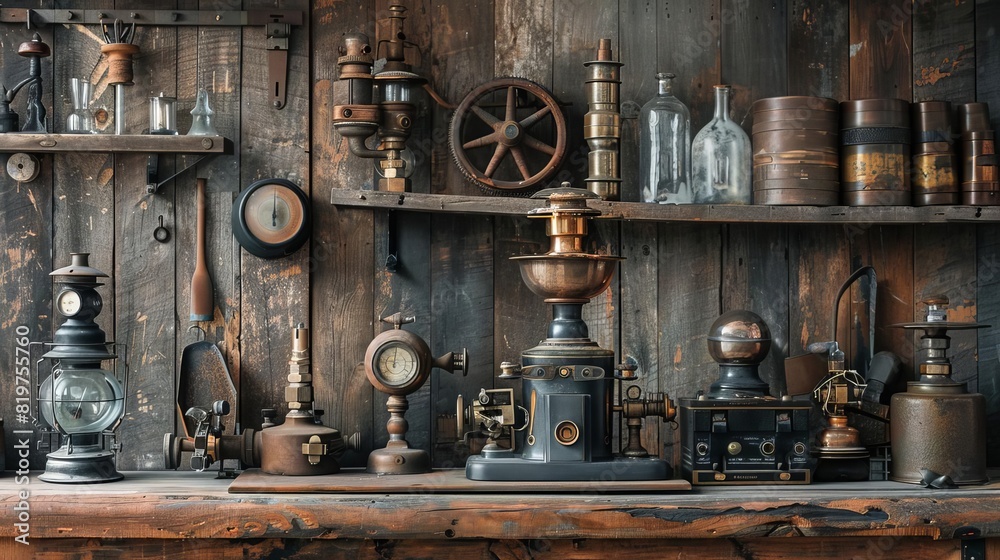 Editorial photo spread of vintage mechanical gadgets in a rustic setting, emphasizing the contrast between old technology and modern aesthetics