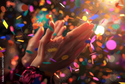 A closeup of hands clapping with confetti falling photo