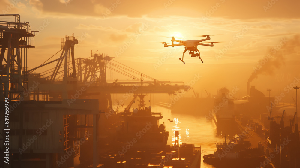 Aerial view of a professional industrial drone flying over a large industrial area against a sunset background. The concept of technology Aerial view of a professional industrial drone flying over a large industrial area against a sunset background. The concept of technology