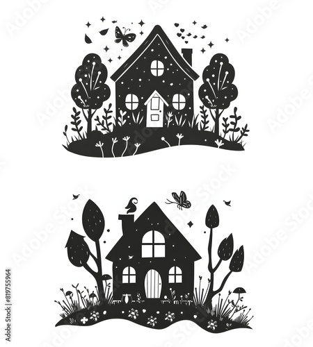 black silhouette of fantasy fairy house illustration icon vector for logo, isolated on white background photo