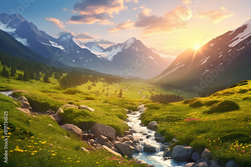 A mountain valley at sunrise. Natural summer scenery