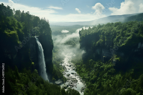 a view from the top of a high waterfall with a natural view of a green forest