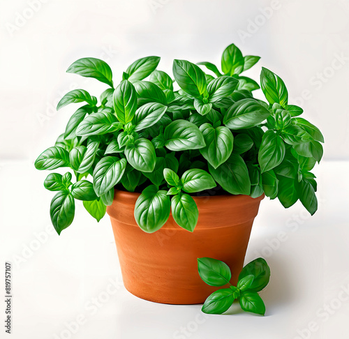 Basil plant in a clay pot on white background photo