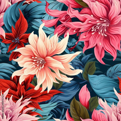 A seamless pattern of large-scale pink and red flowers with blue leaves.