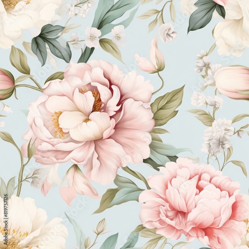 Delicate pink peonies bloom with softness against a tranquil pastel blue backdrop, embodying a serene floral elegance.