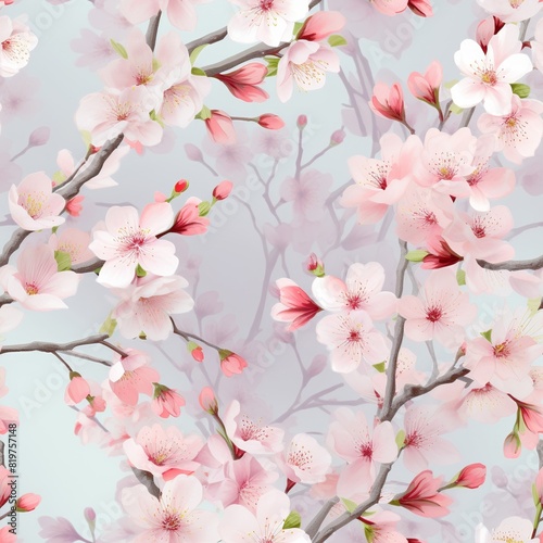 Transform your designs into a picturesque springtime scene with seamless patterns showcasing intricately crafted 3D cherry blossoms full bloom  realistically depicted amidst a palette of soft pastel