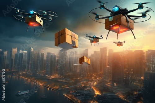 The future of delivery, drones flying over a city.