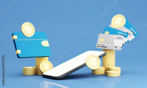 3d render Money wallet with credit card and gold coins, Online payment concept. for future use. Credit card money financial security on mobile e commerce. on blue background.