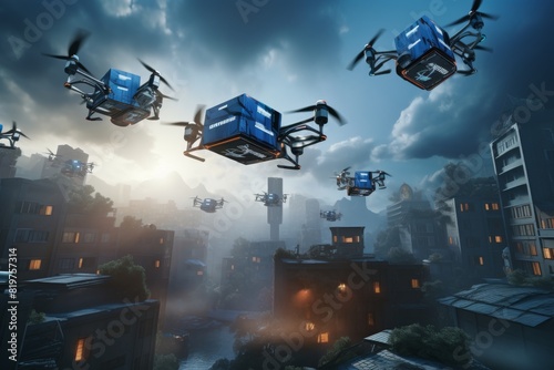The future of delivery. Drones flying over a city.