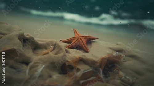 The starfish lies on the sandy bottom of the sea.