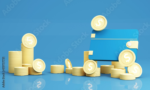 3d render Money wallet with credit card and gold coins, Online payment concept. for future use. Credit card money financial security on mobile e commerce. on blue background.