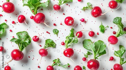 Vibrant and juicy close-up of fresh radish floating in mid-air with water droplets. Perfect for advertisements  food blogs  and health-related content