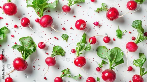 Vibrant and juicy close-up of fresh radish floating in mid-air with water droplets. Perfect for advertisements, food blogs, and health-related content