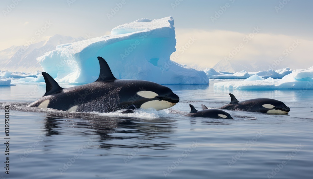 Fototapeta premium Groups of Orcas or killer whales swim and hunt for prey, the top of the food chain in a sea of ​​ice floes