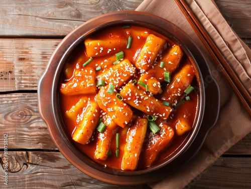 A view of a vibrant and spicy dish of tteok-bokki in a fiery red sauce, garnished with sesame seeds and sliced green onions. photo