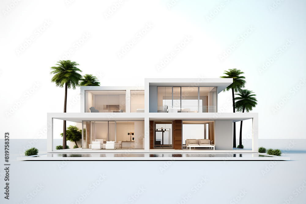 Modern minimalist house architecture 3d rendering illustration with white background Modern minimalist house architecture 3d rendering illustration with white background