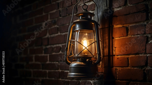 An antique-style lantern glows warmly against the backdrop of a textured brick wall at night, evoking nostalgia