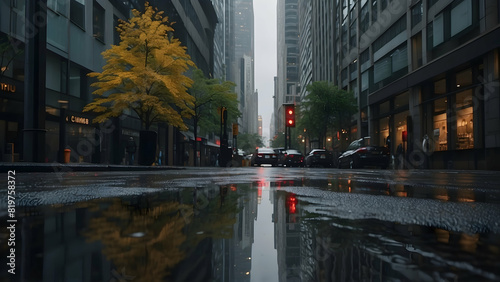 A rainy city street reflects red traffic lights and autumn leaves, creating a serene urban atmosphere