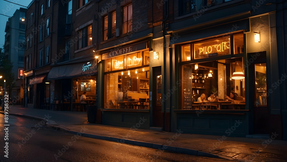Evening scene on a peaceful street with warmly lit cafes and shops, inviting atmosphere Evening scene on a peaceful street with warmly lit cafes and shops, inviting atmosphere