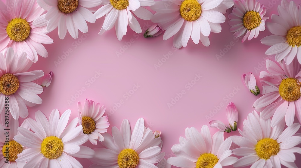 An elegantly simple frame composed of empty petals from white daisy chamomile flowers, arranged on a pale pink background. top view. Generative AI. An elegantly simple frame composed of empty petals from white daisy chamomile flowers, arranged on a pale pink background. top view. Generative AI.