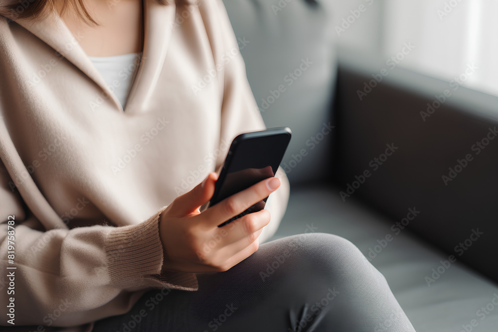 Photo of a young woman using a smartphone at home. using a smartphone at home while relaxing on the sofa, closeup on the hand holding the smartphone. Photo of a young woman using a smartphone at home. using a smartphone at home while relaxing on the sofa, closeup on the hand holding the smartphone.