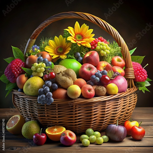 all fruit in basket and flower, 2k, ultra HD, realistic photo