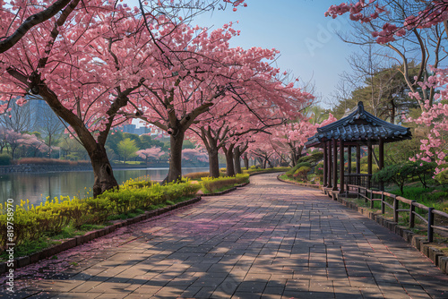 A park with cherry trees in full bloom, with pastel petals fluttering in the wind