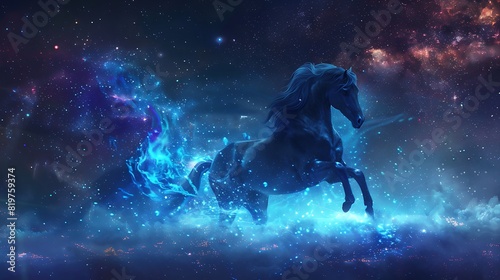 majestic horse made of swirling blue nebulae galloped across the vast expanse, photo