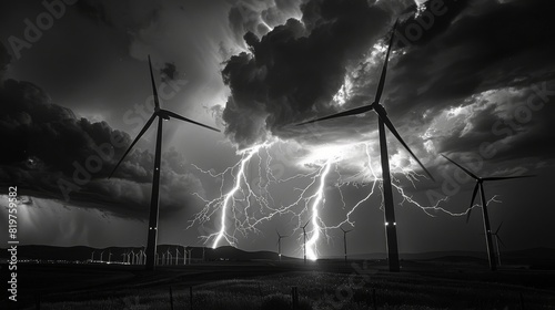 Wind power plants, in the background lightnings, black and white picture, concept: Renewable energies crisis, 16:9 photo