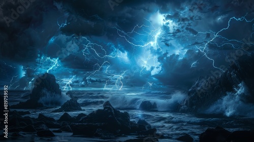 lightnings on the ocean, storm, bad weather, 16:9 photo