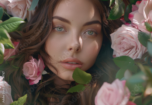 advertisement for an organic and natural skincare brand, featuring the model with beautiful eyes surrounded by pink roses.