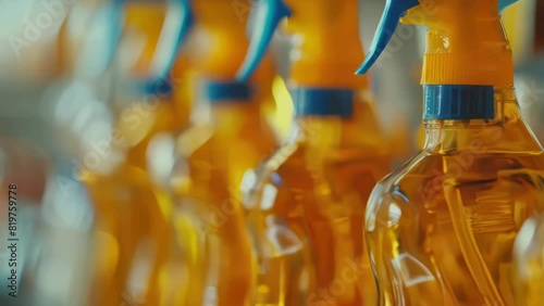 A row of yellow bottles with blue caps. The bottles are lined up next to each other. The bottles are all the same color and shape