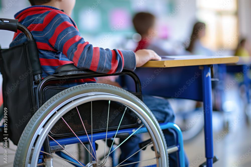 Obraz premium Close up of a boy in a wheelchair in classroom. Inclusivity and equality in education. Shallow depth of field