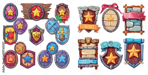  design for mobile game badges with medieval stone and wood labels with victory signs, ribbons, and star rating