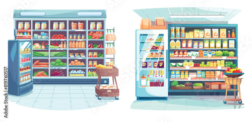 A cartoon illustration of products inside a supermarket with refrigerators and shelves, vegetables on racks, and scales.