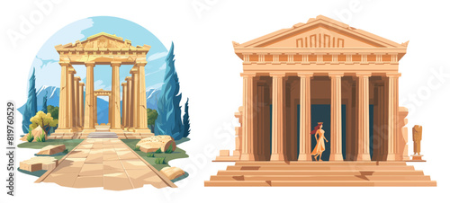 Modern illustration of an ancient Greek temple with goddesses. Roman monument building with beautiful female deities