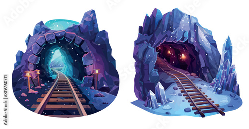The underground of a mine cave with a railway for a mysterious dungeon scene.