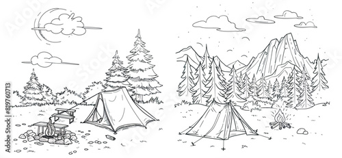 Drawing of tents and campfires, single line illustration of a campground