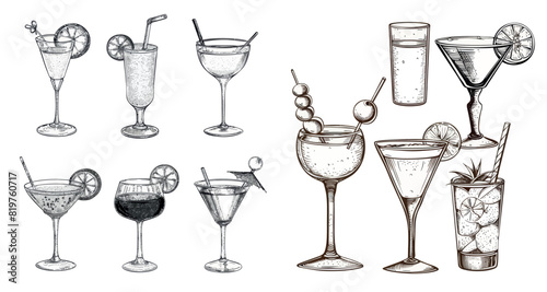 A set of popular alcoholic cocktails illustrated in a linear style, perfect for cards, menus, cards and websites.