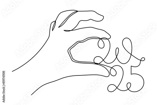 Hand holds 2025 one line art, hand drawn continuous contour. Holiday concept, festive New year handwriting text, minimalist design. Editable stroke. Isolated. Vector illustration