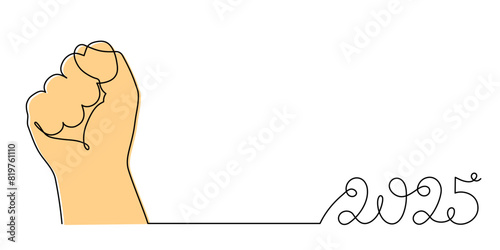 Hand holds 2025 one line art, hand drawn continuous contour. Holiday concept, festive New year handwriting text, minimalist design. Editable stroke. Isolated. Vector illustration