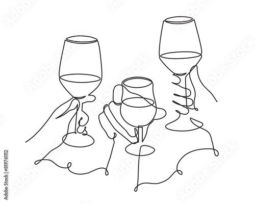 Hands hold cocktail clinking glass.Cheers toast, festive hand drawn alcohol drink decoration for holidays,romantic Valentine's Day design. Isolated.Vector illustration