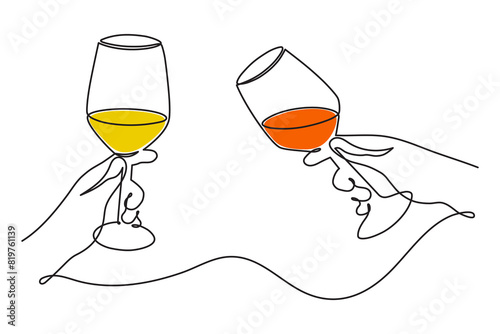 Hands hold cocktail clinking glass.Cheers toast, festive hand drawn alcohol drink decoration for holidays,romantic Valentine's Day design. Isolated.Vector illustration