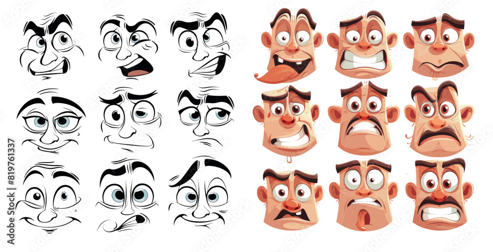 Retro cartoon faces from the 1930s. Vintage emotional faces, cute smirks, and funny eyes and mouths on white background.