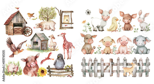 Set of watercolor illustrations featuring farm animals and fences