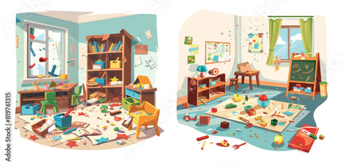 A messy kindergarten classroom cartoon background shows a room filled with chaos after a children game.