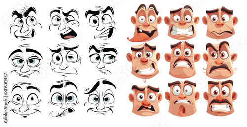 Retro cartoon faces from the 1930s. Vintage emotional faces, cute smirks, and funny eyes and mouths on white background.