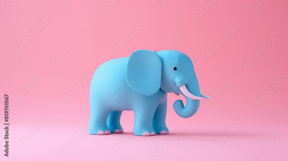 Fototapeta premium Blue plasticine elephant with white tusks isolated on pink background. 