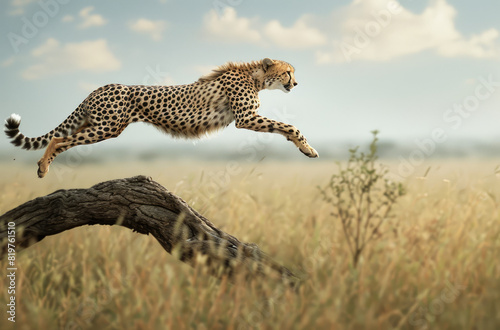 A cheetah jumps from a tree branch in the savannah