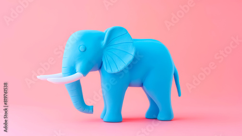 Blue elephant with white tusks made from plasticine on pink background.  